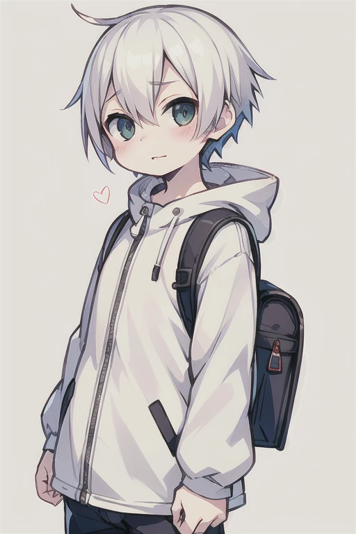 Highest quality, (high quality),eye highlights,arms are thin, thin body,face, from side,look at viewer,droopy eyes,shy,blush,open your mouth and laugh,(((chilled boy))), (1 boy),(white hair),((very short  hair)),parka, carrying randoseru backpack,heart background,