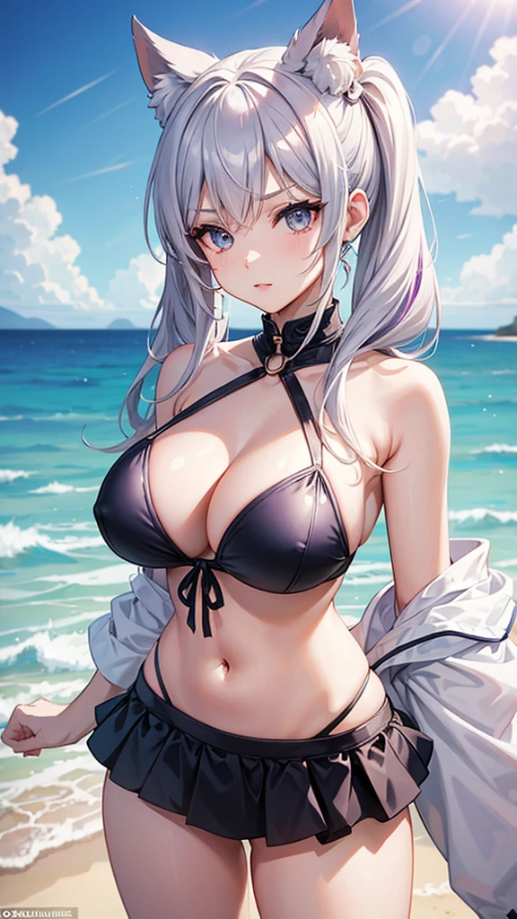 Pose: 1_girl, solo, best quality, masterpiece, short, huge breasts standing with one hand on her hip, the other arm hanging loosely or playing with her hair.
Expression: Confident and strong, with a direct gaze or a slight smirk.
Attire: purple triangle bikini.
Hair: white hair,low twintails, thin twintails
Makeup: Bold and modern, with emphasis on strong eyes or bold lips to match the confident pose.
Background: A stylish beach backdrop that highlights the pose.
Lighting: bright sun lights at the beach
back towards the camera