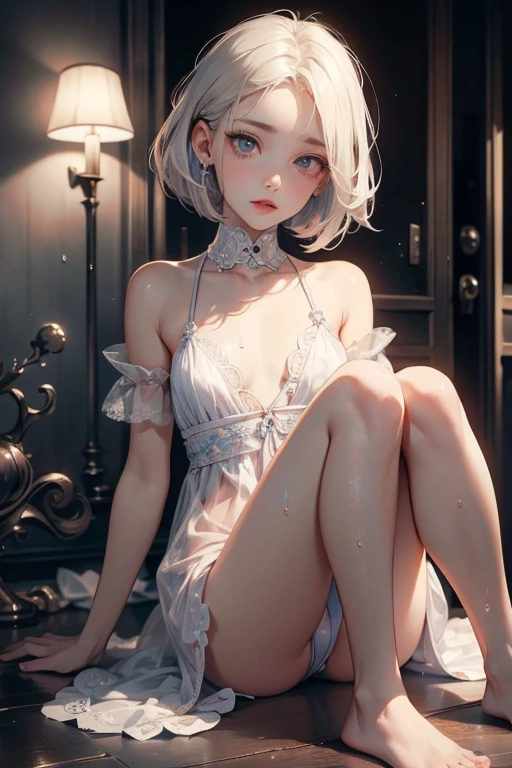 ((Highest quality)), ((masterpiece)), (detailed), One person, (Large forehead:1.2),extremely detailed cute anime face, (((Flat Chest))), (Flat Chest:1.1),((((Short Bob Hair)))),Complex eyes,beautiful detailed eyes,Symmetrical eyes,(((detailed face))),beautiful detailed lips, Young face,low length,,Pretty face, (((Embarrassing))),(Lips waiting for a kiss),(My heart is pounding with anticipation.)、A loose negligee that reveals the skin、Soaking wet、Hold、Triangle sitting、barefoot、Spilled milk in the crotch、Wide composition、Fisheye Lens
