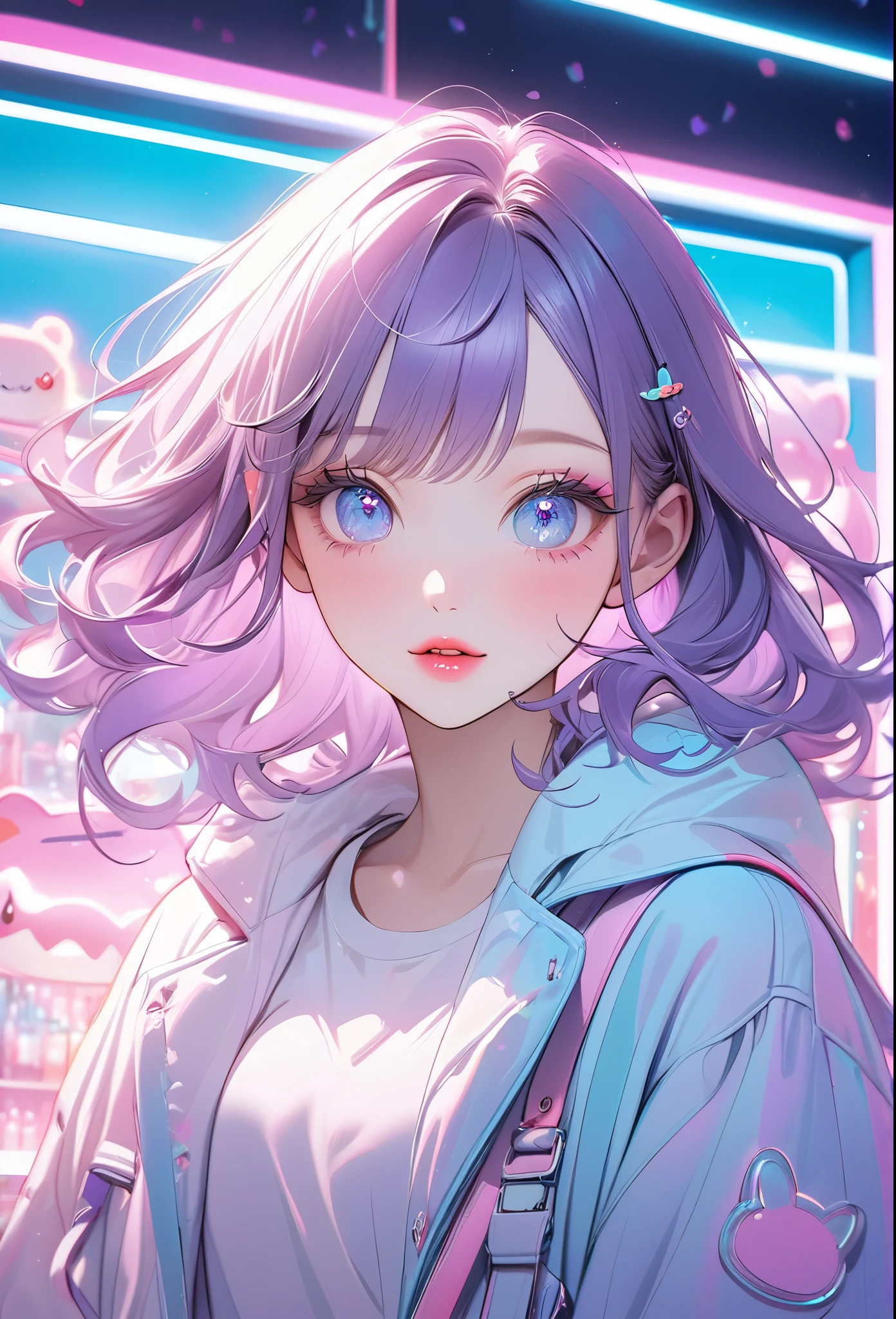 Korean girl aesthetic, clear and defined eyes, full lips with lip gloss, subtle eyeliner and mascara, light blue eyeshadow, pink and light blue monochromatic color scheme, neon lighting, cute and kawaii elements, purple hair, natural lighting, joyful and whimsical vibe.
