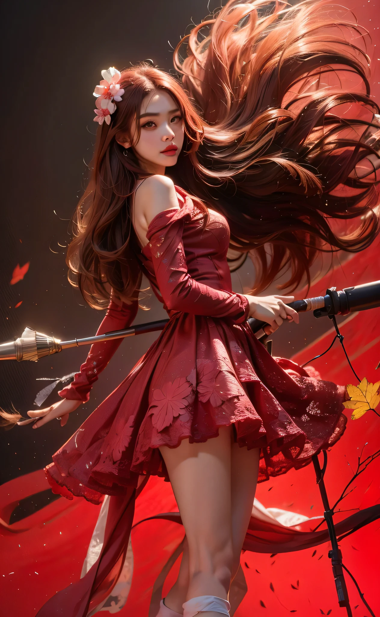 Light red hair, pink eyes, pink and white, sakura leafs, vivid colors, white dress, paint splash, simple background, ray tracing, wavy hair