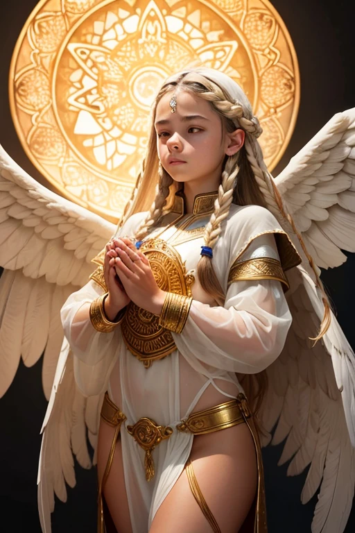 A young 15- yr old native European girl with lovely charminvg face,( skin texture masterpiece), (perfect full body detailed anatomy), (Super accessories detailed), (meditating ), (perfect detailed glowing bright eyes),(short braided illuminating jade hair),Wearing transparent costume of an angel,holding a treasure septer & shield, illuminating different lights covers the sorrounding atmosphere Has beautiful large white wings, The character solemnly praying