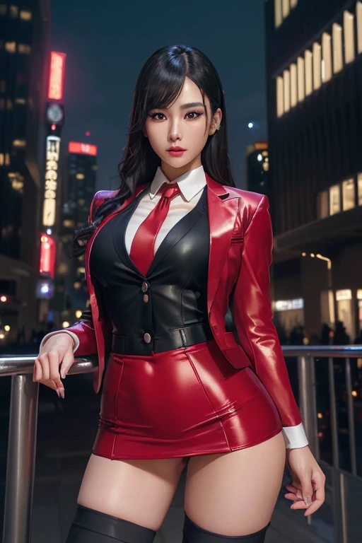 Highest quality,Ultra HD,8k,(Beautiful 25 year old Asian hit woman), (Wolf cut black hair), (White skin), (Serious face), Red skirt suit 1.5, (((Three-piece suit))), (((Dress shirt))), (((tie)), (((Red suit jacket))), Black shiny lapel, (((Bodycon mini skirt))), Tight Skirt, tights, pantyhose, Cufflinks, (Night city background), View from the front, Well-groomed and beautiful face 1.2, Dynamic pose, Ambient Lighting, Photographic realism, Intricate facial details, Exquisite handcrafted details, Very detailed, Vibrant colors, Cinematic, High resolution, Trending Styles Raw on Artstation, , Excited,