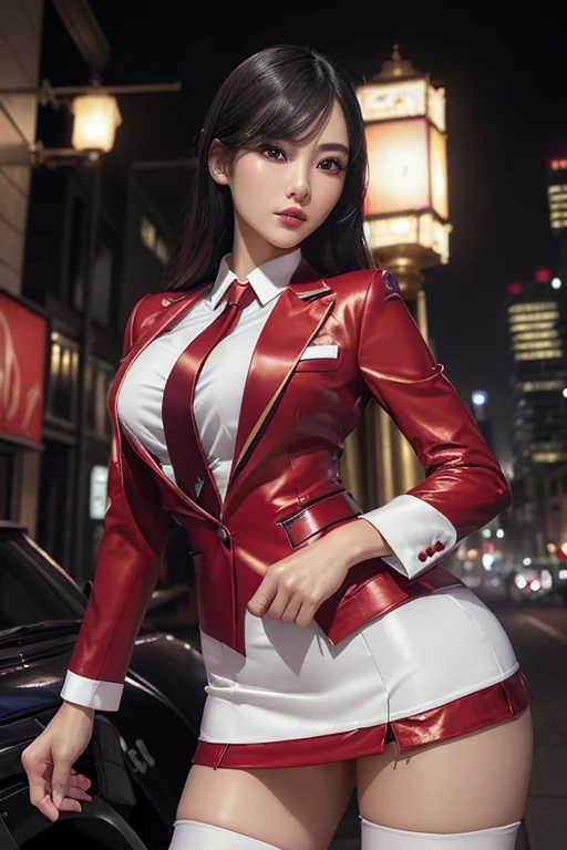 Highest quality,Ultra HD,8k,(Beautiful 25 year old Asian hit woman), (Wolf cut black hair), (White skin), (Serious face), Red skirt suit 1.5, (((Three-piece suit))), (((Dress shirt))), (((tie)), (((Red suit jacket))), Black shiny lapel, (((Bodycon mini skirt))), Tight Skirt, tights, pantyhose, Cufflinks, (Night city background), View from the front, Well-groomed and beautiful face 1.2, Dynamic pose, Ambient Lighting, Photographic realism, Intricate facial details, Exquisite handcrafted details, Very detailed, Vibrant colors, Cinematic, High resolution, Trending Styles Raw on Artstation, , Excited,