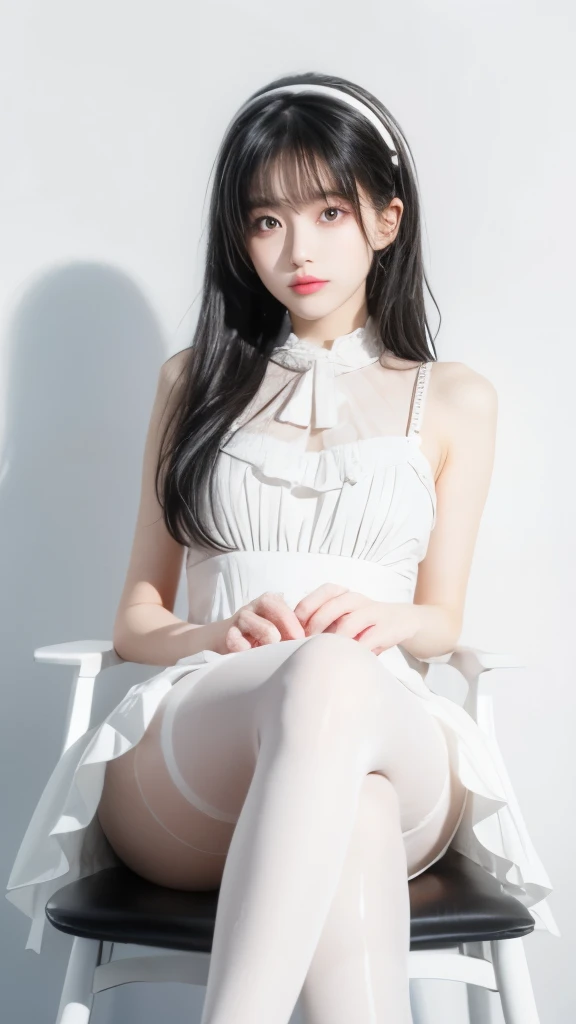 Super cute black hair，White Lolita dress girl. 8K ultra-high quality, Delicate texture, Pure white background，（（Wear black pantyhose）），Show long legs，sit on the chair，18-year-old girl