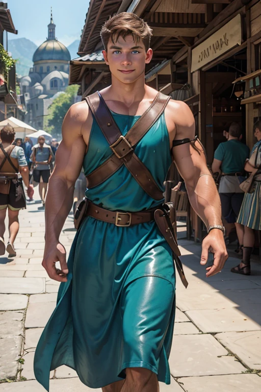 Photo-realistic. A slightly wounded -yeld, hsome, muscular Caucasian man with fade-cut, brown hair, and blue eyes, wearing shabby, sleeveless, leather armor, with metal shoulder guards, and a wonder struck 15-year-o, l Caucan, male peasant, with short, brown hair, and blue eyes, in a blue and green tunic, walking together through a large, busy marketplace, in a regal city, smiling wistfully, looking around in awe, on a summer day.