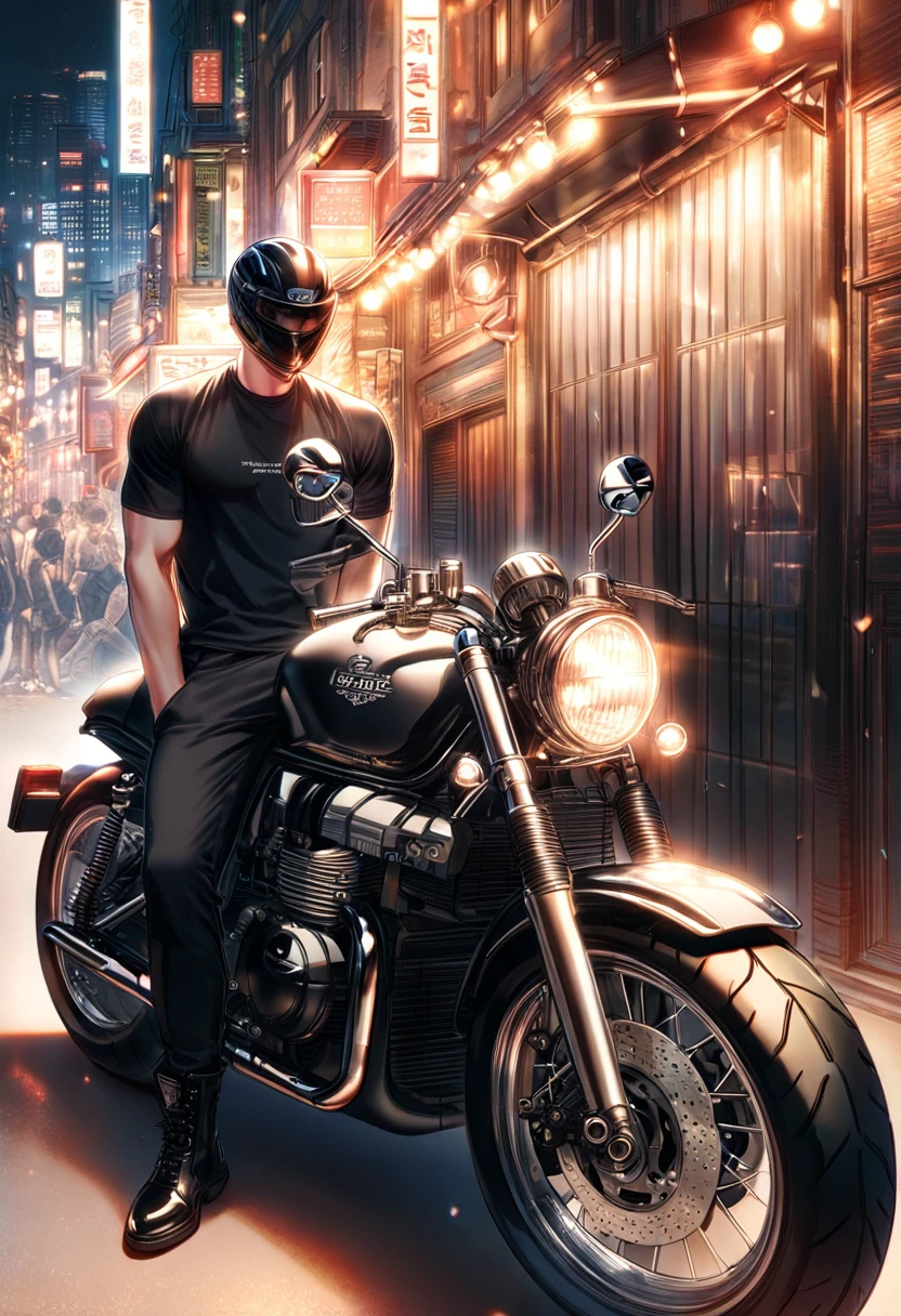 absurdres, highres, ultra detailed, HDR, master piece, best quality, extremely detailed face, delicated features, Kang Woojin, Love Jinx, man wearing a black motorcycle helmet that hides his entire face, solo, sensual, black tight T-shirt, toned, black gloves, black pants, black boots, leaning against a motorcycle, city, lights, buildings, night, street