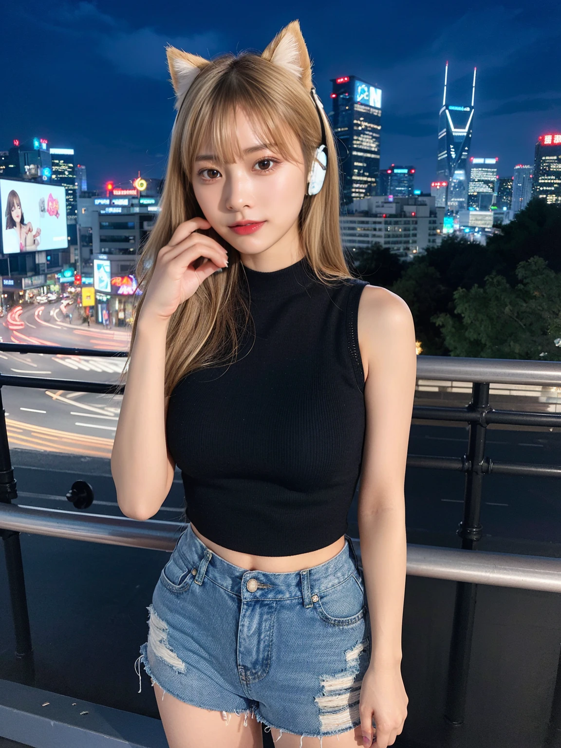 最high quality, masterpiece, 32K、Very detailed、Realistic、1 girl, Japanese women、Cute Face, (photo Actual:1.3),Bob Hair(Golden hair color、blonde hairstyles)、Edge lighting, (Skin with attention to detail:1.2), 8k超High resolution, Single-lens reflex camera, high quality, High resolution, 4K, 8k, Optimal ratio of four fingers to one thumb, (Actual:1.3), cute 1 person, Realistic、Super Realistic、32K、Very detailed、masterpiece, 最high quality, beautiful girl, beauty、Mecha, Beautiful lighting, (Neon Light:1.2), (night:1.5), K-pop idol outfits、Sleeveless outfit、Shorts、Large Breasts(big 、There is a valley)Cat ear headphones、Are standing、Cyber Neon、Future City、Skyscraper、City night、Shanghai、big cities、night scene、Beautiful night scene