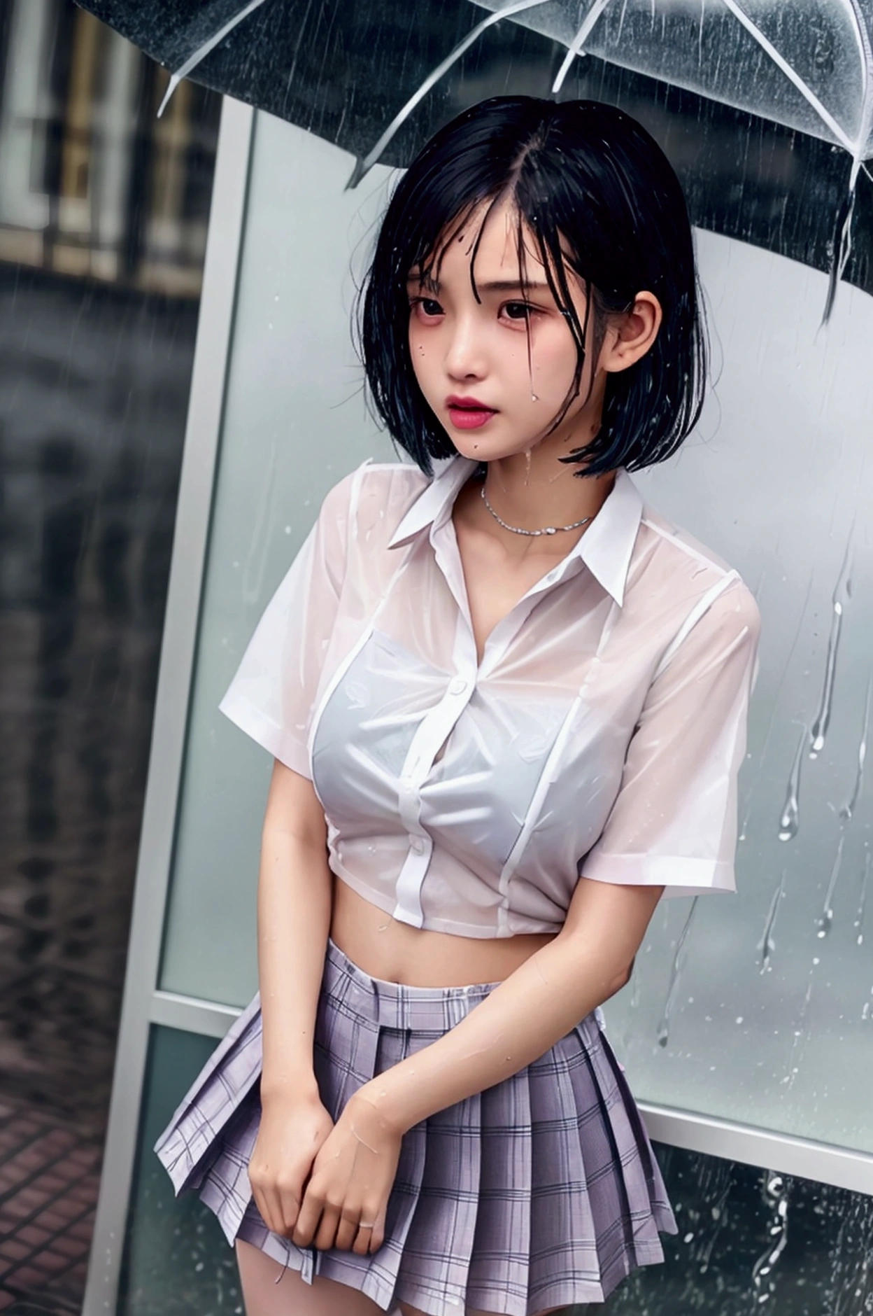 (8k, Photorealistic, Raw photo, Highest quality: 1.4),Japanese idol-style beautiful girl,1 person,(Short Bob),(Black),She has her hair tucked behind her ears,(Raindrops dripping from hair: 1.1),Clear grey eyes,Eyes moist,Long eyelashes,(piercings(small)),(Lip gloss),lips(Plump,glossy),Skin that is as white and smooth as translucent porcelain,Thin and delicate shoulders,(Open-collar shirt(White,Short sleeve)),(bra(Pink)),(Pleated skirt(Plaid)),(socks(Dark Navy)),(loafers(Black)),summer,On the way home from school,(It is raining heavily all of a sudden),(She is getting soaked in the rain.),(Soaked from head to toe),(Shirt wet and clinging to skin, translucent),(Raindrops are dripping down her chest.),(She is standing with her legs together under the eaves of a cafe.),(She looks out at the rainy street),(A cafe window as a backdrop),(Oblique side view),(Snapshot of West Up)