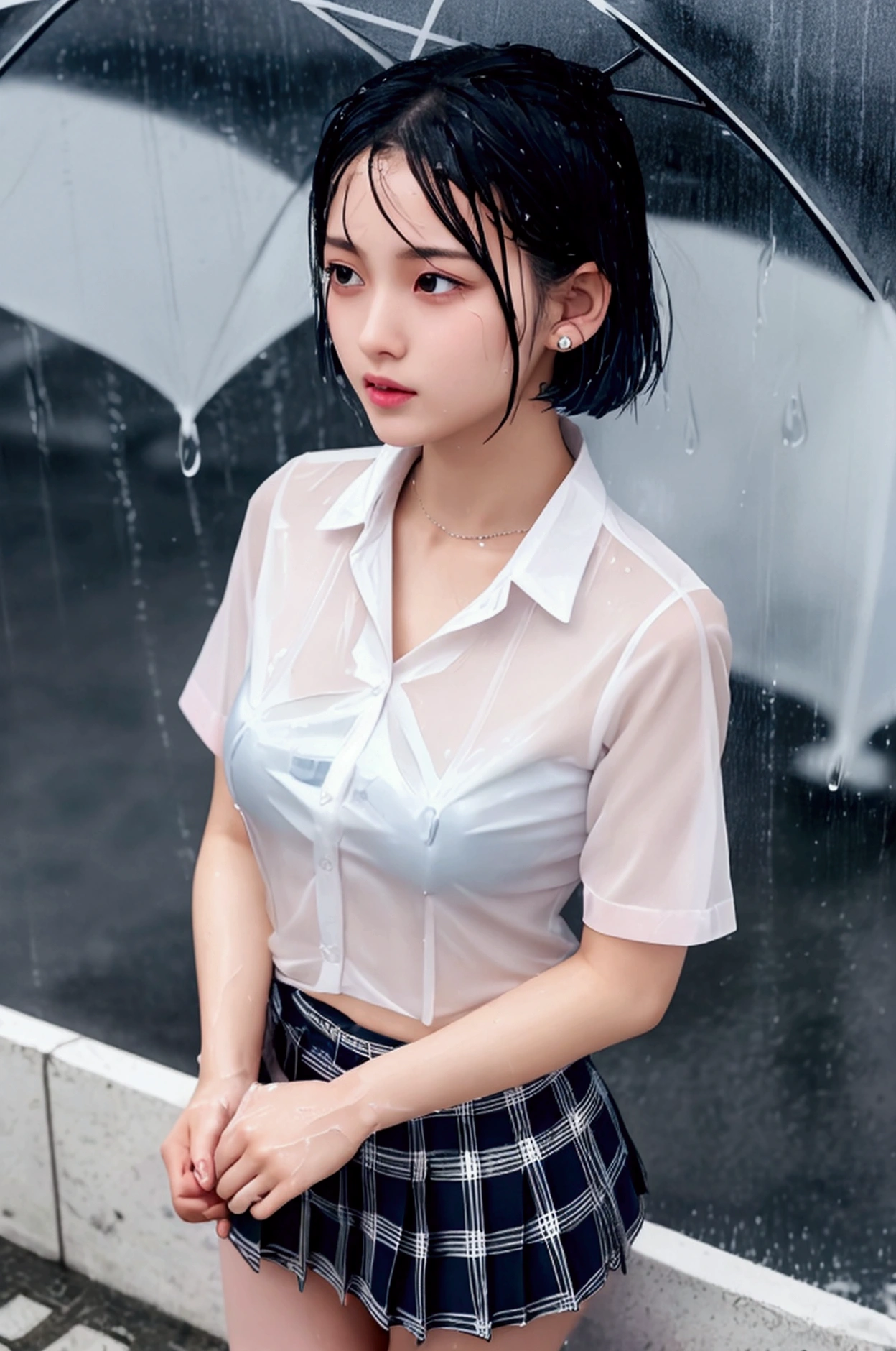 (8k, Photorealistic, Raw photo, Highest quality: 1.4),Japanese idol-style beautiful girl,1 person,(Short Bob),(Black),She has her hair tucked behind her ears,(Raindrops dripping from hair: 1.1),Clear grey eyes,Eyes moist,Long eyelashes,(piercings(small)),(Lip gloss),lips(Plump,glossy),Skin that is as white and smooth as translucent porcelain,Thin and delicate shoulders,(Open-collar shirt(White,Short sleeve)),(bra(Pink)),(Pleated skirt(Plaid)),(socks(Dark Navy)),(loafers(Black)),summer,On the way home from school,(It is raining heavily all of a sudden),(She is getting soaked in the rain.),(Soaked from head to toe),(Shirt wet and clinging to skin, translucent),(Raindrops are dripping down her chest.),(She is standing with her legs together under the eaves of a cafe.),(She looks out at the rainy street),(A cafe window as a backdrop),(Oblique side view),(Snapshot of West Up)
