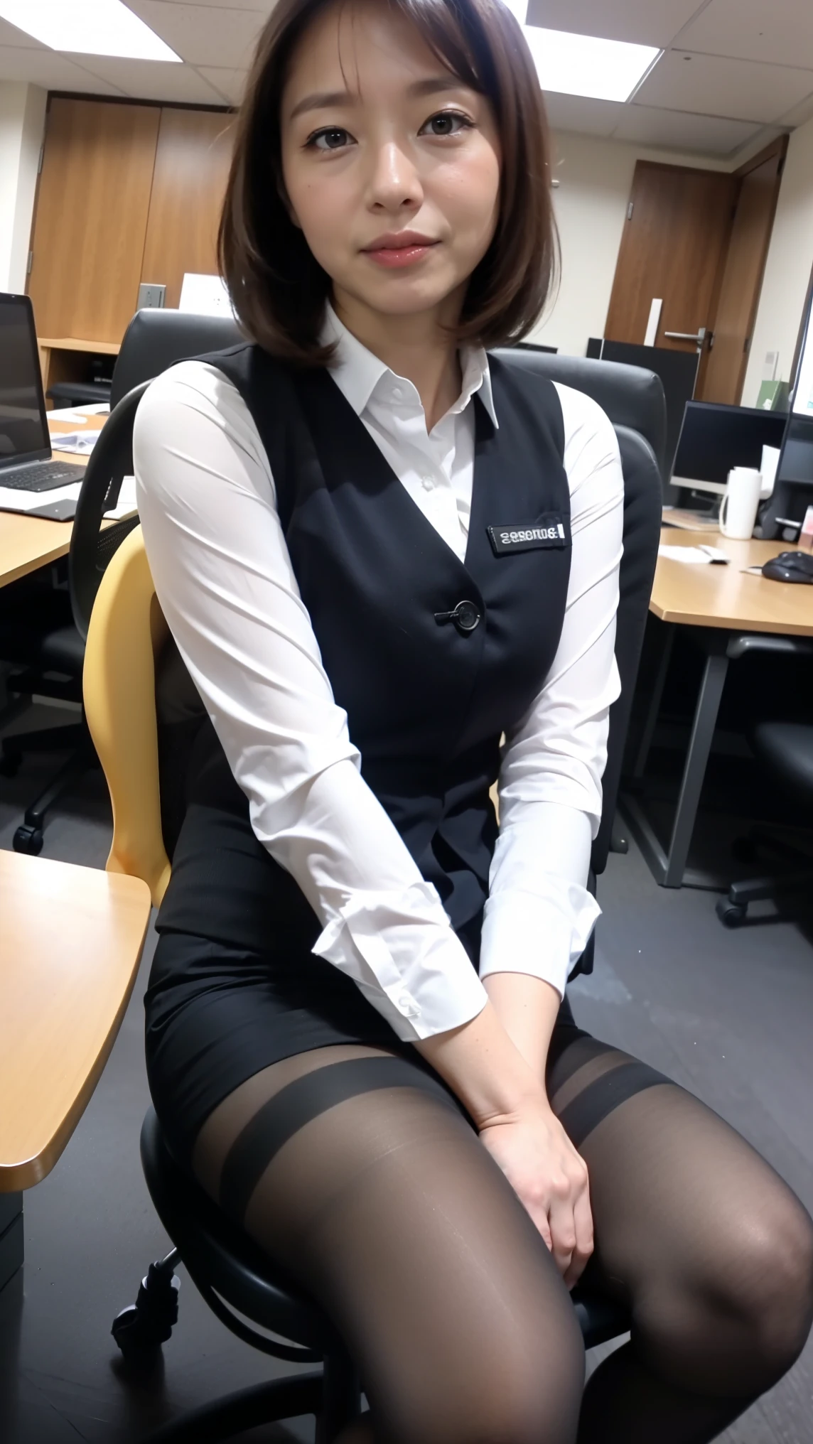 Urzan-6500-v1.1, (RAW Photos:1.2), (Realistic), (Flying debris), (Genuine:1.4), １Mature Woman, Perfect Anatomy, 48 years old, Looking into the camera, Medium Long Hair, Black vest:1.8, Black tight skirt, ((Sit in an office business chair:1.3)), (Super realistic black sheer pantyhose:1.2), (High heels)、(Business services), (Sit down and spread your legs to the sides:1.5), (Sit down and spread your legs:1.5), Panty shot:1.3, Small white sexy panties:1.3, (Photographing a face from below:1.3, Starting from the groin:1.3), (The most natural and perfect crotch:1.1), (Perfect Hips:1.1), Most immersive, (細部にまでこだわったPerfect Anatomy:1.3), (The photo below gives a perfect shot of her crotch to face..:1.5), Look forward, Rest both hands on the armrests of the chair, (Front image:1.3, Turn your body towards the camera:1.3, Face the camera:1.7),