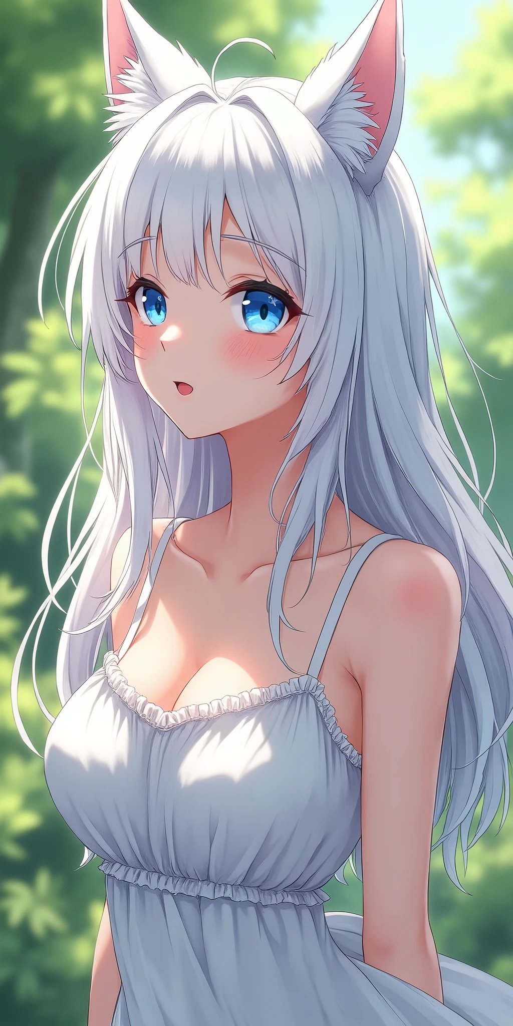(best quality, ultra-detailed, photorealistic: 1.39), bright and vibrant colors, studio lighting, romantic expression, An effeminate Wolf-Girl, with a delicate and beautiful face. She is a girl who reflects seductive beauty, sparkling blue eyes, extremely beautiful Wolf-Girl, perfect lips in a soft smile , Wolf-Girl, fuzzy, snow-white hair, fuzzy hair,She has beautiful small breasts, beautiful white dress, dress with straps, ruffles on the dress, voluminous fabric, in the garden at home, garden, anime style, Anime Bishoujo