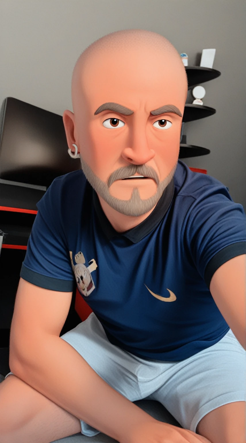 cartoon character of a bald man with a beard, with an extender and a dark gray shirt, animation character, stylized character, animation style rendering, 3d stylized, Arnold Maya rendering, Stylized 3D rendering, toon render screenshot, 3d character, 3d character, Stylized 3D rendering, 3D character rendering, cartoon character, Personagem de close up, character posing, (Pixar-style) (master part:1.2) (bokeh) (best qualityer) (skin detailed) (detailed texture) (8k) (Argilla) (cinematic lighting) (sharp focus