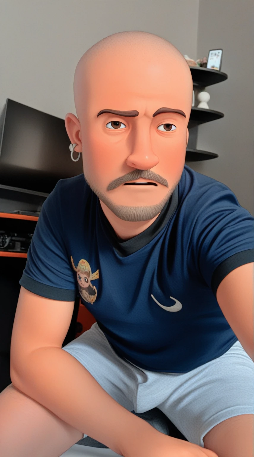 cartoon character of a bald man with a beard, with an extender and a dark gray shirt, animation character, stylized character, animation style rendering, 3d stylized, Arnold Maya rendering, Stylized 3D rendering, toon render screenshot, 3d character, 3d character, Stylized 3D rendering, 3D character rendering, cartoon character, Personagem de close up, character posing, (Pixar-style) (master part:1.2) (bokeh) (best qualityer) (skin detailed) (detailed texture) (8k) (Argilla) (cinematic lighting) (sharp focus