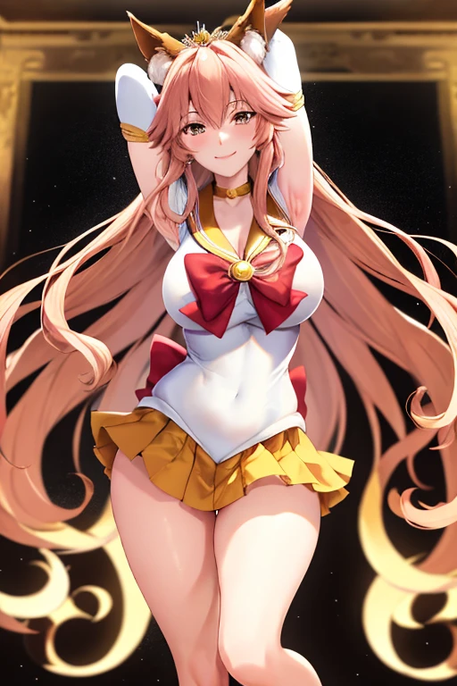 masterpiece, high definition, best quality, rendered art, well formed hands, fingers and body, 1 woman, solo, Tamamo No Mae, 31 years old, fox ears and fox tail, adult, grown up, wearing Sailor Moon's outfit, big breasted, cleavage, full body, sexy sailor senshi uniform, short blue skirt, red boots, gorgeous hips, legs and thighs, blond, white elbow gloves, sailor collar, tiara, earrings, dancing seductively and erotically, shaking her body, showing her back and front, wind lifting skirt, smiling joyfully and brightly, looking at the viewer, flirting, beach environment 