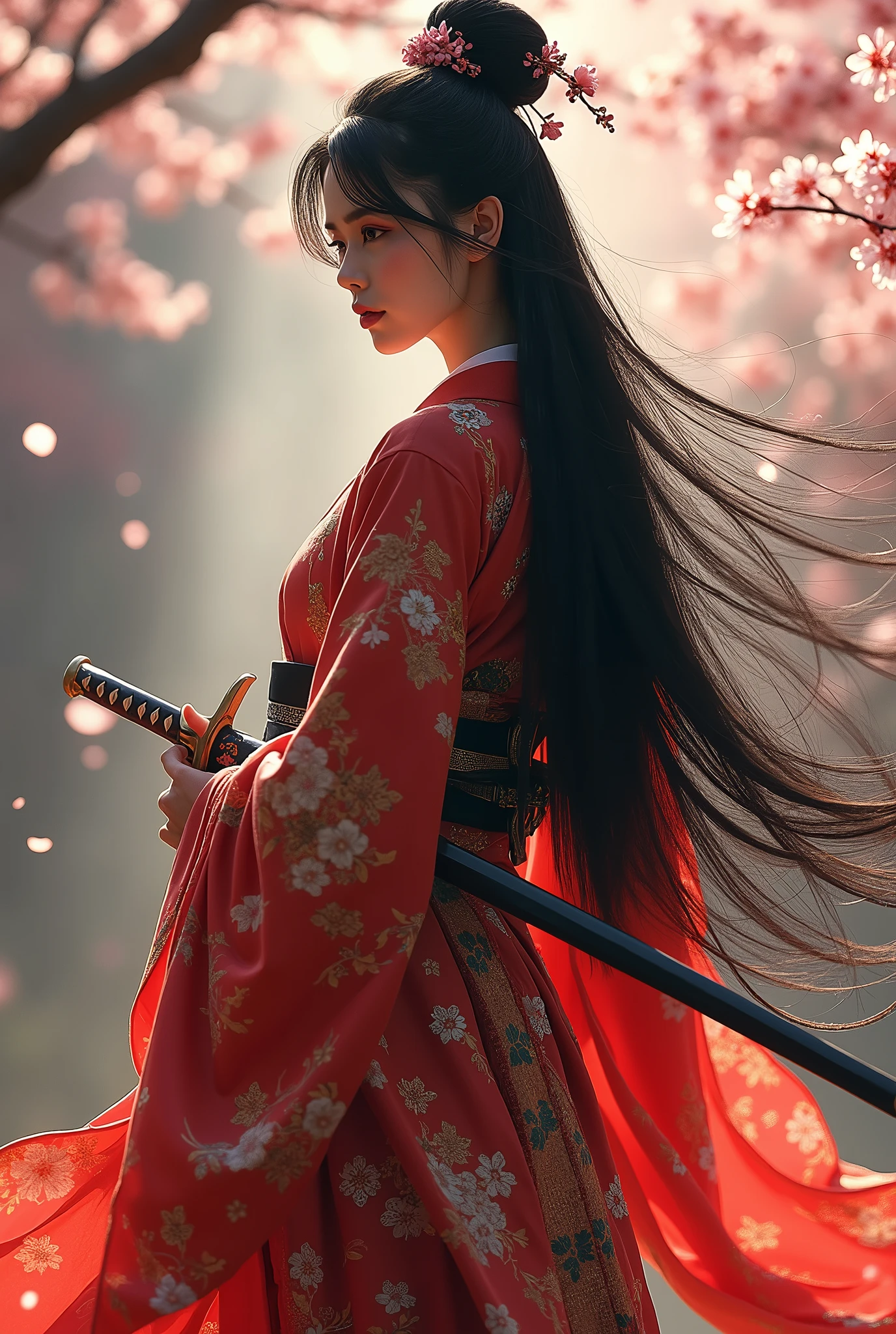 a beautiful samurai, porcelain skin, long black hair, ornate Japanese traditional samurai's kimono, (holding Japanese sword),Harrison Fisher and Catrin Welz-Stein art style, vivid colors, highly detailed, full body portrait, cinematic lighting, cherry blossom background, dramatic pose, elegant, graceful, regal, intricate details, masterpiece, photorealistic, 8k, best quality