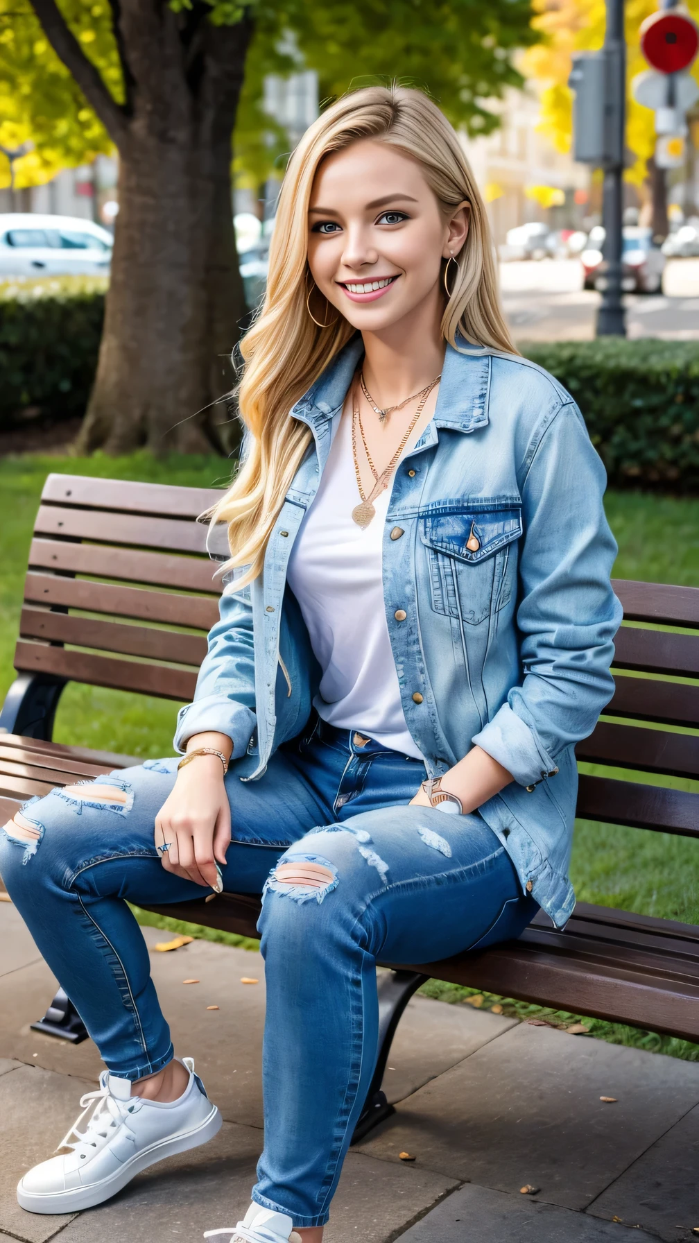 Super Resolution、Neat and clean Caucasian woman、Full body photo、sitting on a park bench、ear piercing、Blonde Hair、blue eyes、necklace、Denim jacket、shirt、Skinny jeans、sneakers、smile、Beautiful teeth alignment