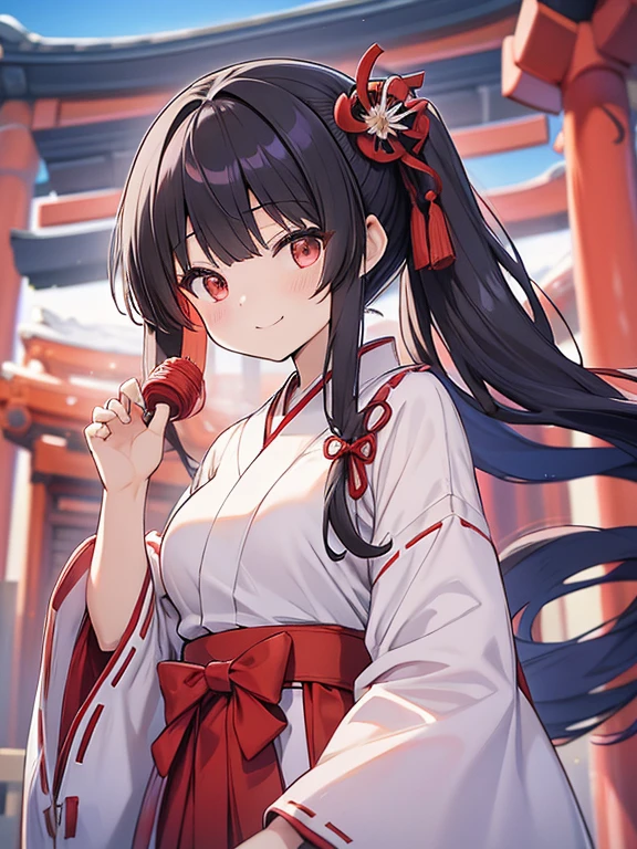 Highest quality、high resolution、anime、alone, Shrine maiden, Long Hair, Black Hair, clear,shrine、Shrine maiden服、Big Breasts、Side Ponytail, White, fine-grained skin,Small Mouth, Beautiful Japanese Woman, 14 Talents, Red Hakama、smile