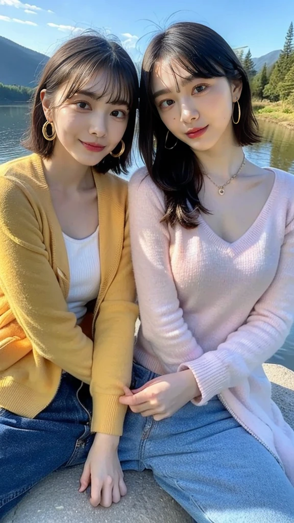 ((High-definition images, masterpiece, atmospheric perspective, 8k, Super detailed, Accurate, highest quality)), (((Cute Western woman masturbating))), (casual style), Jacket, unbuttoned shirt, swollen areole, (round face, realistic size of eyes, droopy eyes, blush, smile), (((stand and spread your legs, focus on pubic hair))), (in the forest, Mountain, rock, Narrow River, At night), blonde braided hair, small earrings, thin necklace, (light makeup),
similar identical twins
All the girls have the exact same face, The two have the same face and figure, as if they were mirror images