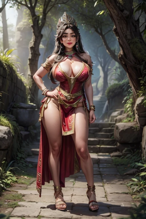 Goddess Coatlicue (Aztec goddess of fertility), with her exuberant body, dressed in her gala outfit that reveals her large breasts and curvy hips; she standing in the forest invoking her powers for the fertilization and production of the land; she has long straight black hair; tanned brown skin; masterpiece; intrinsic details throughout the image; 8k; UHD; front side view; high definition, film production; fine details on her face; fine details in the hands; fine details on the breasts and hips;
