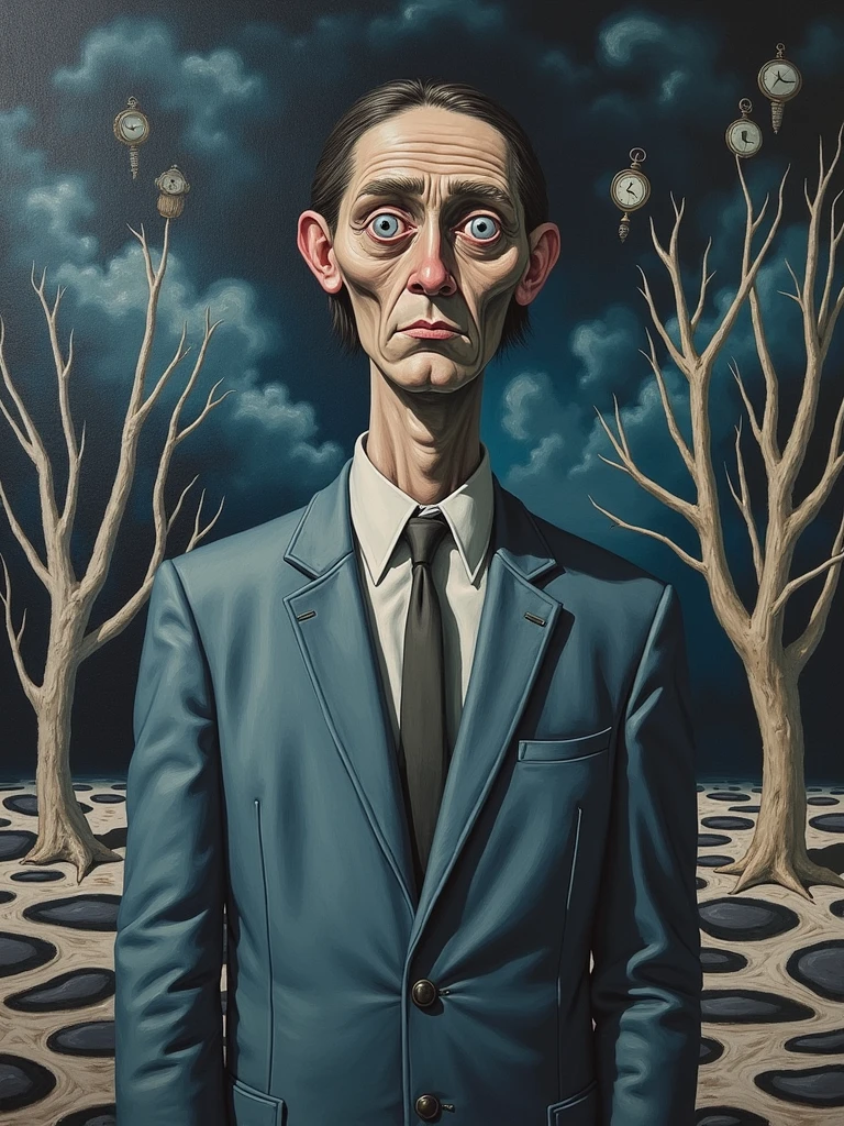 A reinterpretation of Edvard Munch's self-portrait in a surrealistic style, oil painting, inspired by Salvador Dalí, Deviant Art, Highly detailed, dystopian, Bluish, cinematic lighting