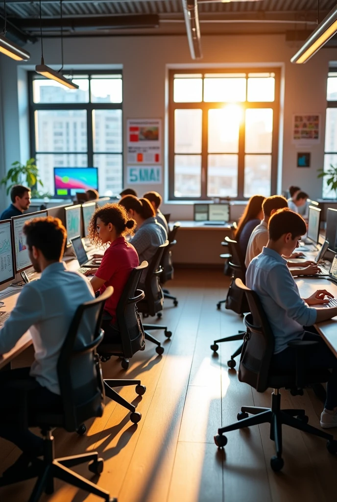 Image of people in an office with social media images happy with laptop making sales
