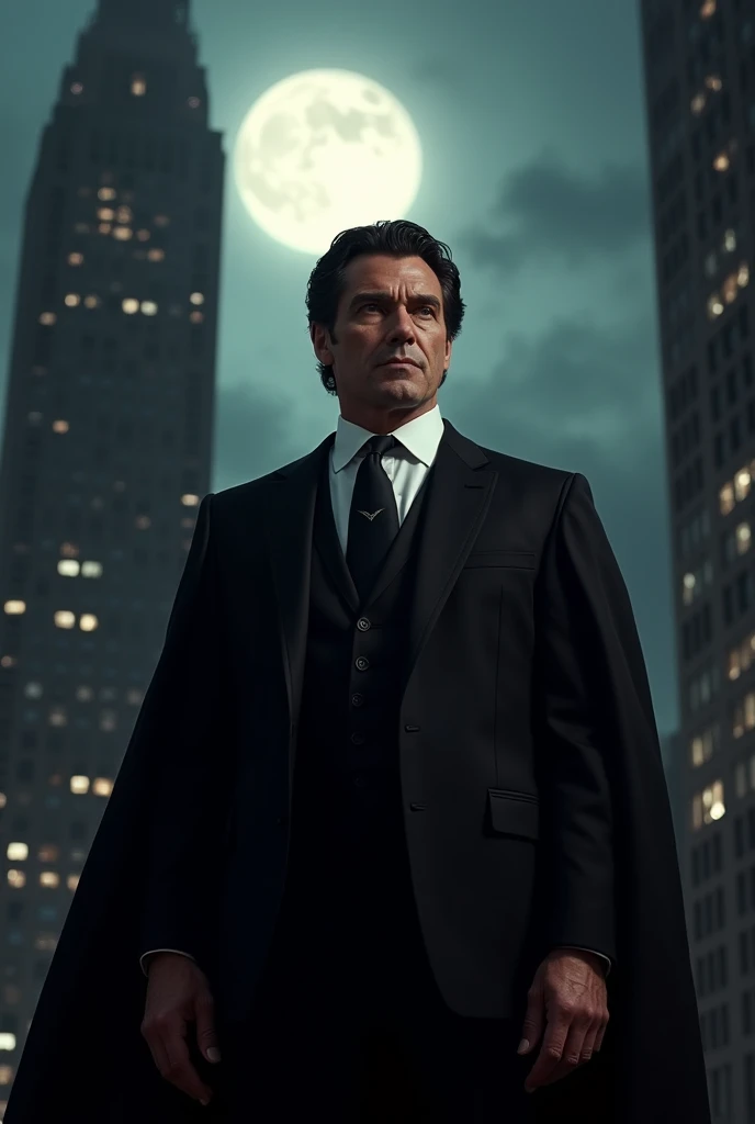 Realistic
Dark(Robert de Niro 80's)
Black Hair
Character:Bruce Wayne da DC comics
Bruce Wayne DC,in a black suit
Gotham city
Actor Robert de Niro at the age of 35
8k,realisitic,HDR,good quality,with Robert De Niro's face