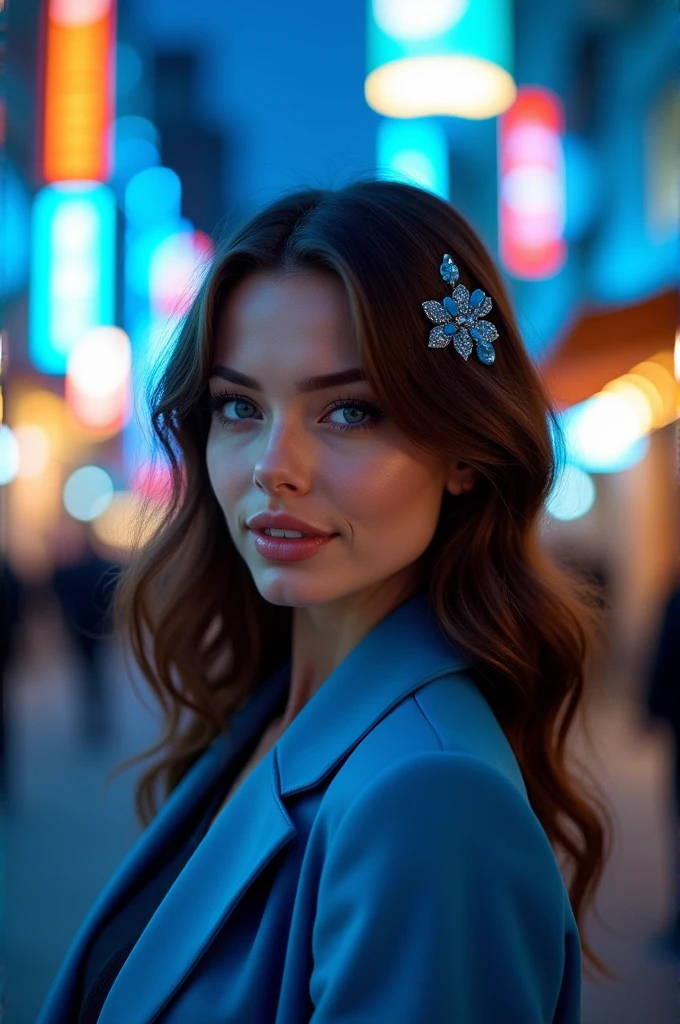 A brunette woman with blue details