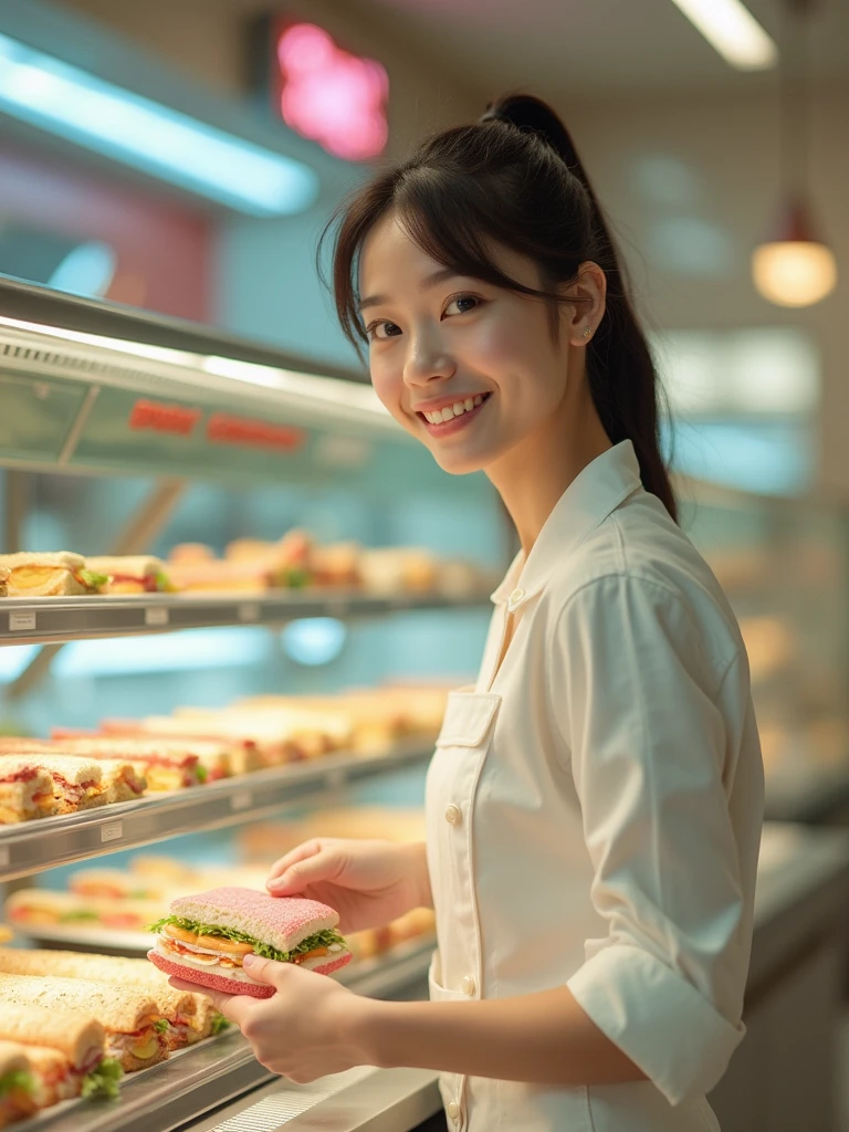 masutepiece、hight resolution、The bakery of the future、japanese girl making delicious sandwich、18Year old girl、1 Girl clerk、Looking at the camera、smil、Finish as shown in the photo、sandwich and beauty、the skin is white and beautiful、