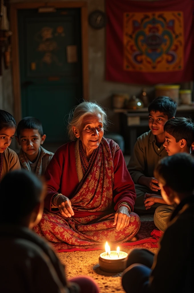 A Nepaleas  Grandmother telling story with joley smile. 