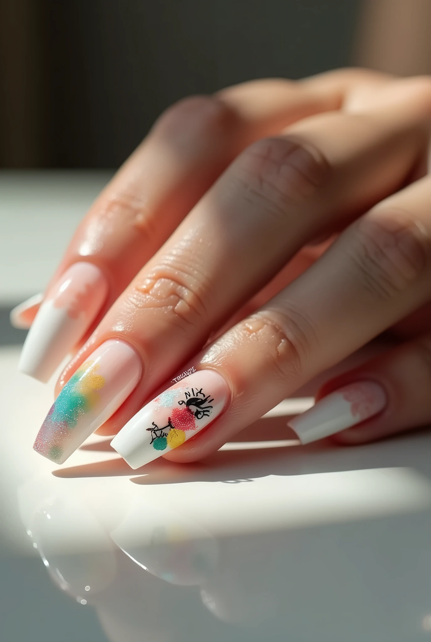 close-up image of a woman's beautiful hands, white fingers, shiny nails and stylish nail art with the inscription "(lol)"