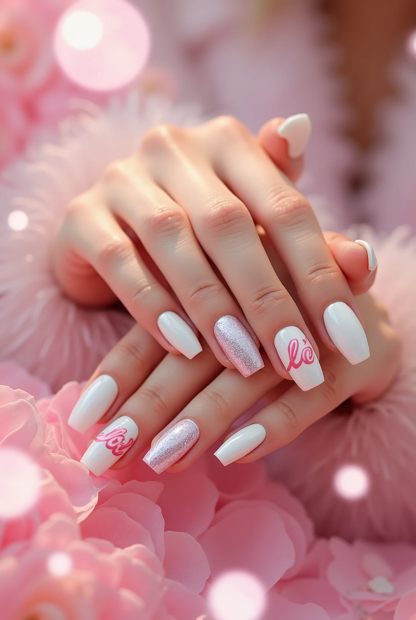 close-up image of a woman's beautiful hands, white fingers, shiny nails and stylish nail art with the inscription "(lol)"