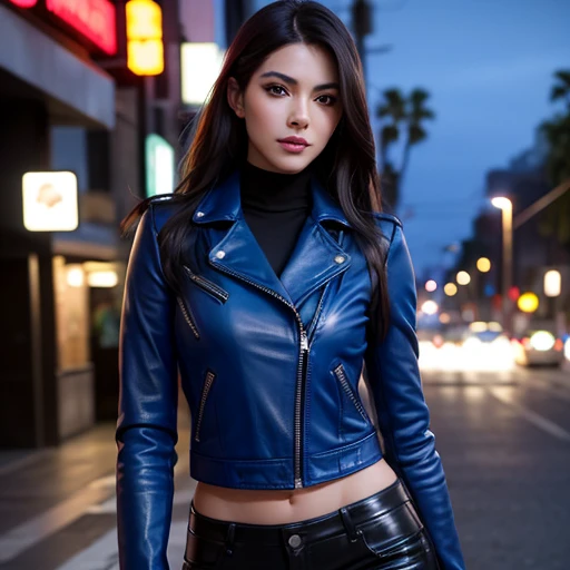 Best quality, realistic, from the front in first person,  on the streets of Los Angeles, (a female mexican Supermodel), (sexy blue leather jacket:1.1), split, seductive smile, (dark hair), (hairstyle:1.0), Perfect eyes, sharp parts, detailed face, face-makeup, cheeks turn red, Eyeliner, eyeshadow, lip gloss, leather pants,leather boots,  Supermodel, (Deep Focus), (hard lighting), (Night time), (realistic lighting:1.0)