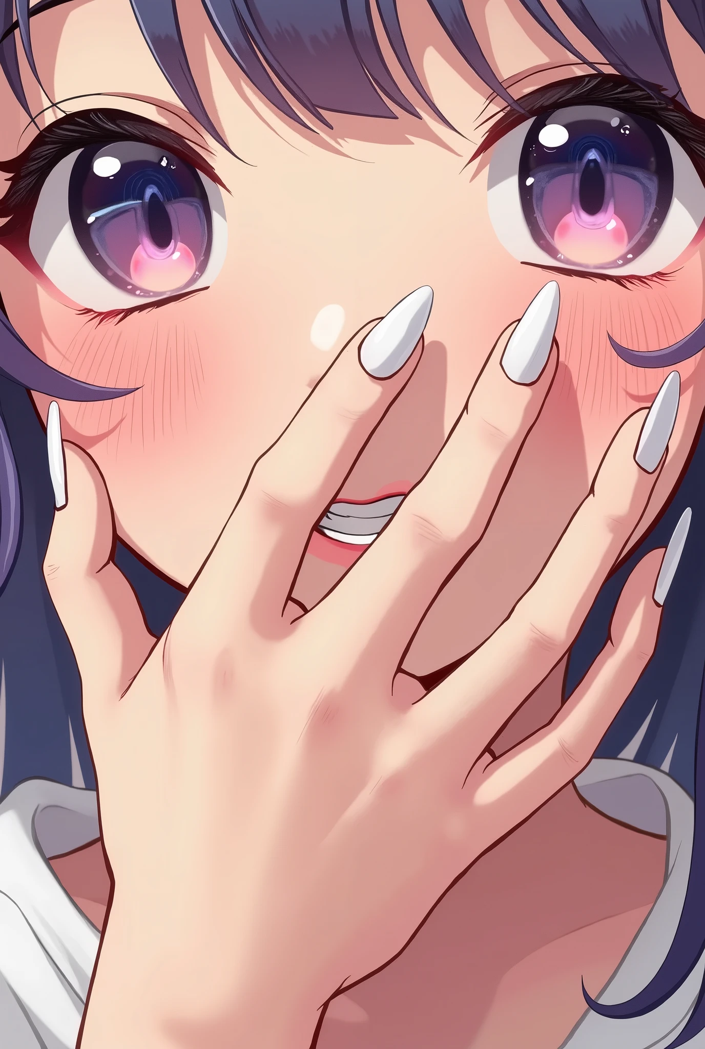 close-up image of a woman's beautiful hands, white fingers, shiny nails and stylish nail art, anime manga illustration art style