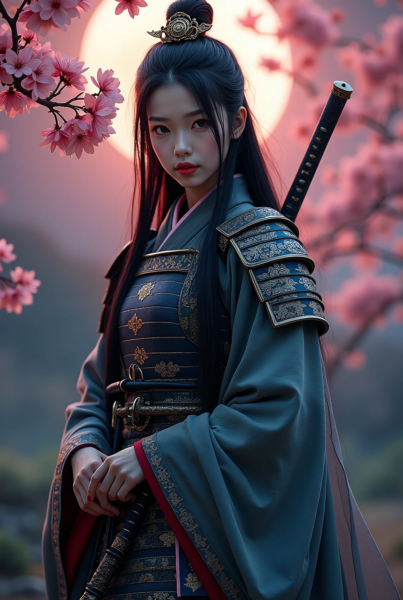 a beautiful samurai, porcelain skin, long black hair, ornate Japanese traditional samurai's clothes, (holding Japanese sword),Harrison Fisher and Catrin Welz-Stein art style, vivid colors, highly detailed, full body portrait, cinematic moon lighting, cherry blossom background, dramatic pose, elegant, graceful, regal, intricate details, masterpiece, photorealistic, 8k, best quality,(looking at viewer:1.5)