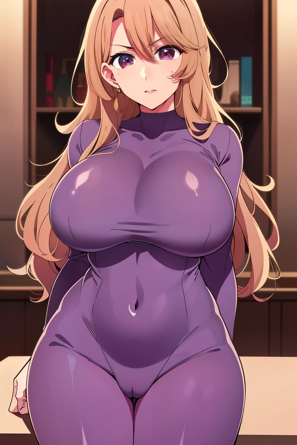 Better image quality, of the highest quality, perfect anatomy, High resolution, Super detailed, 8K Wallpaper, textured, detailed, individuality, nffsw, Very detailed CG, Hisato Higashi, 1 girl, alone, Full body esbian, standing, Open your legs, Highlight the crotch, Horse tail, Brown_hair, Front hair, Brown_look like, 20 years old,, see the viewer, Laughter, Lewd face, (beautiful fece,big_chest:1.4), (beautiful_face:1.5),(narrow_waist), Transaction services, Transaction services, Transaction services,purple suit, embarrassing, Wide hips, thick thighs, Huge natural chest, Huge ass, Erotic, Cute smile, bubble butt, Protruding chest, tight purple latex, perky nipples, Saggy chest, to take a pose, Purple latex suit, Look like erect nipples,big nipples