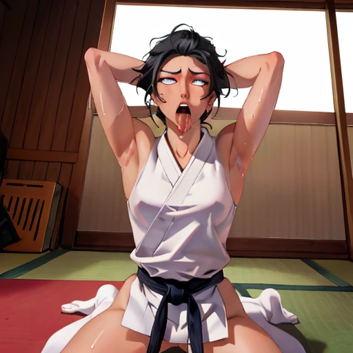 ((((masterpiece, best quality, high resolution)))), Extremely detailed 8K, 1 female, wearing a white Karate gi, (ahegao),white eyes, Small breasts,full body, kneeling, tired, (muscle:1.4), japanese clothes, No underwear,No eyeballs, Facing the audience, looking at the audience, tired, from below, (Exposed armpit:1.1), ((armpit:1.2)), sexy, Sweating, More and more sweat,(ahegao), (Roll your eyes), open mouth, Sticking out tongue, saliva, Slobber,Skinny, raise arms, (arms above head:1.5)(Ultra HD, Ultra-detailed, Highly detailed, Highly realistic, Ultra-realistic, photograph realistic), (1girl:1.5), (Realistic black hair), (dynamic poses), facing at camera, looking at viewer, (slightly serious face), (perky breasts:1.2), (beautiful detailed face, beautiful detailed eyes), ((worn out karate gi)), (preparing for a fight), sweat, glow, (sunbeam, sunlight), ((cowboy shot)), inside a training gym, seductive, EnvyBetterHands LoCon,