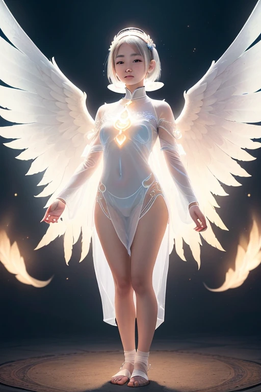 A young 15- yr old Asian girl with lovely charminvg face,( skin texture masterpiece), (perfect full body detailed anatomy), (Super detailed), (meditating ), (glowing bright eyes white short hair，Wearing transparent costume of an angel，illuminating different lights covers the sorrounding atmosphere Has beautiful large white wings, The character solemnly praying 