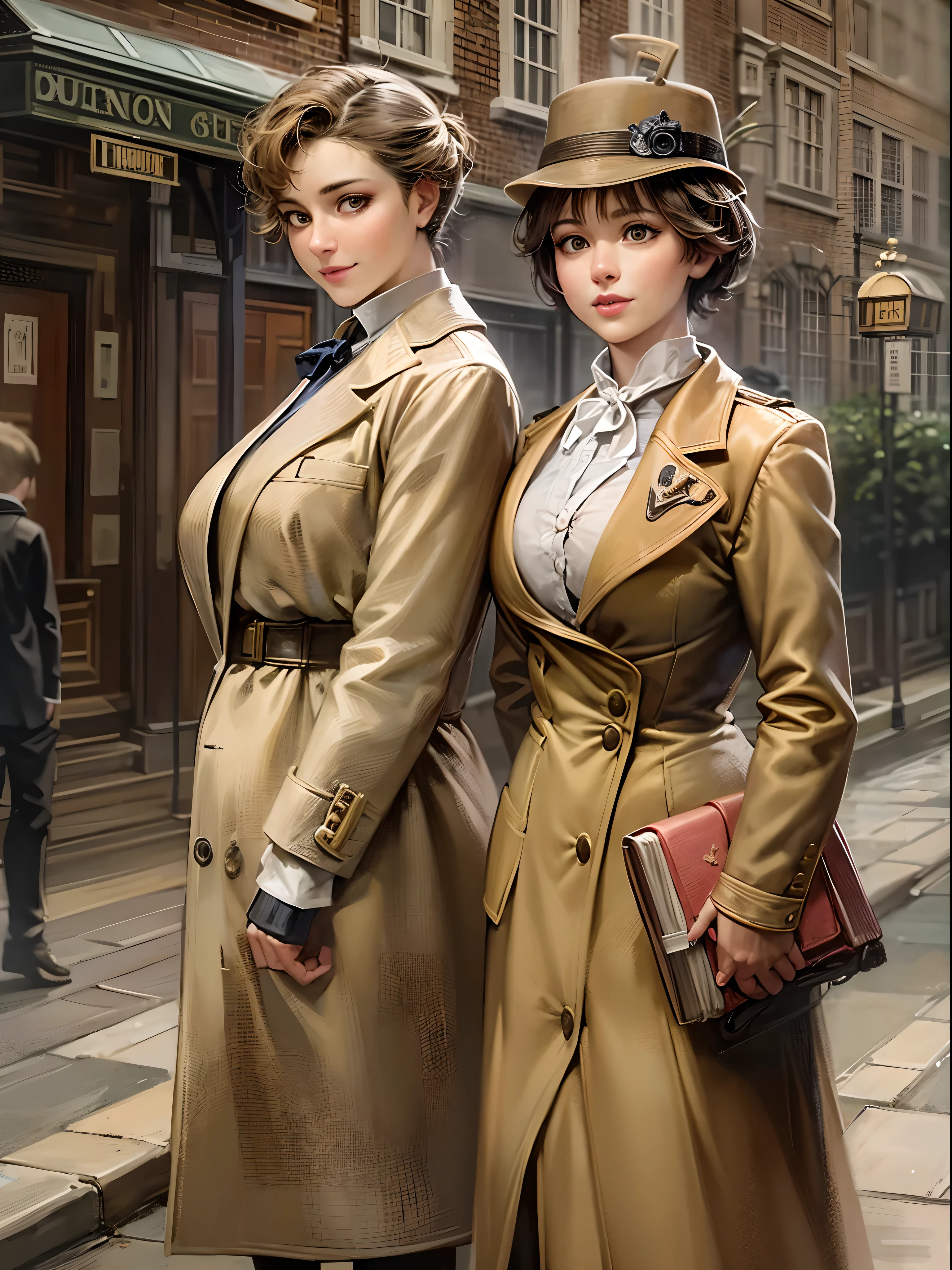Sherlock Holmes & Watson,
huge huge huge huge huge huge busty 2 girls assemble,
Sherlock Holmes girl brown glen check frock coat,
side standing Watson girl white formal suits,
Detective,
gently,
Elegant,
Wind,
smile,
London,
baker street,
Englishman,
True Face,
entity,
Real Background,
((((masterpiece)))), expensive quality, very_expensive_solve, big_file size, Full Color,