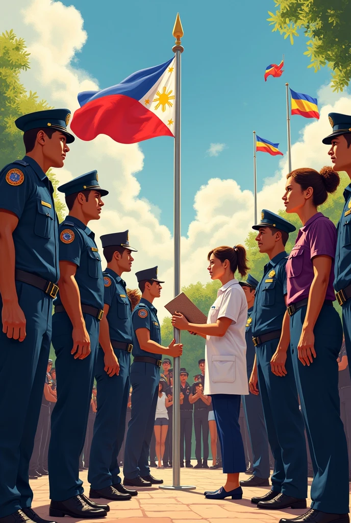 Generate a image that shows "Makabayan" Public servants ex. Police,Doctor, army, teachers show respect in the Philippine flag