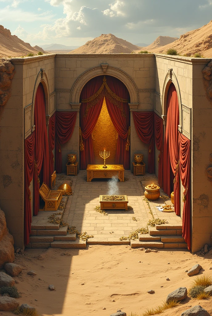 A detailed illustration of Moses' Tabernacle, showing a side cutaway view to reveal its intricate sections: the outer court (Atrium), the Holy Place, and the Holy of Holies (Santo dos Santos). The scene includes the bronze altar of burnt offering at the entrance of the Atrium, the bronze laver (Lavatório) positioned between the altar and the Tabernacle entrance, and the richly adorned curtains surrounding the entire structure. Inside the Holy Place, the image should depict the golden Table of Showbread on the north side, the seven-branched golden Menorah on the south side, and the golden Altar of Incense near the veil separating the Holy Place from the Holy of Holies. The Holy of Holies should feature the Ark of the Covenant, made of wood and overlaid with gold, containing the Tablets of the Law, Aaron's rod, and a pot of manna, with the Mercy Seat on top, flanked by cherubim. The overall structure should be set within a desert environment, with materials accurately represented, including fine linen, gold, bronze, and richly embroidered fabrics.