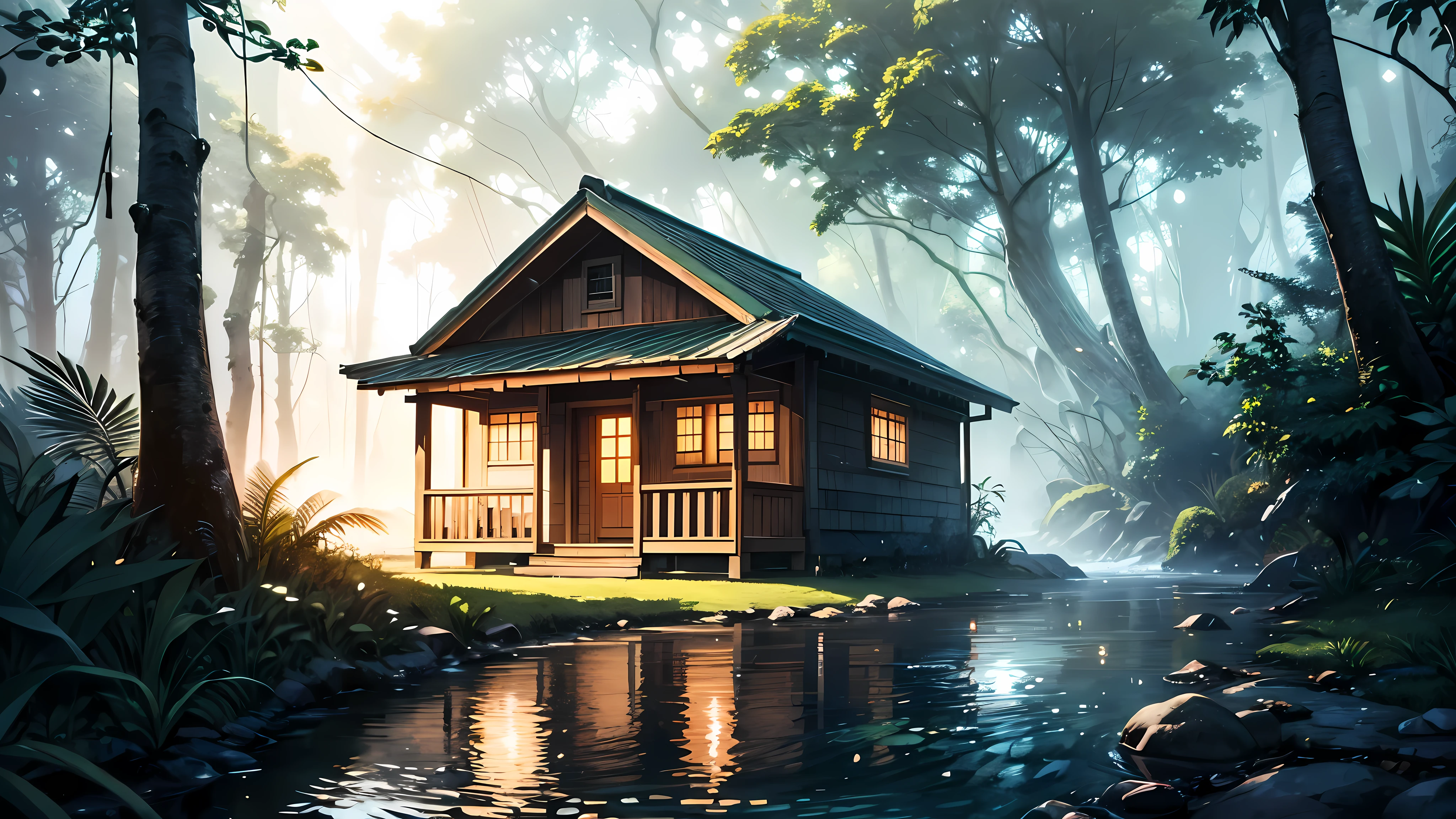 A small wooden house with a wooden bench sits in front of it, in the middle of the rainforest. There is a light drizzle, a faint mist, and a stream flowing through.