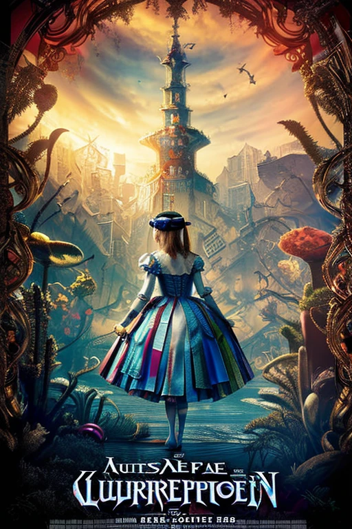 masterpiece, Cyberpunk Alice in Wonderland poster for movie theater , best quality , sharp focus, depth of field, 8k photo, HDR, professional lighting, taken with Canon EOS R5, 75mm lens