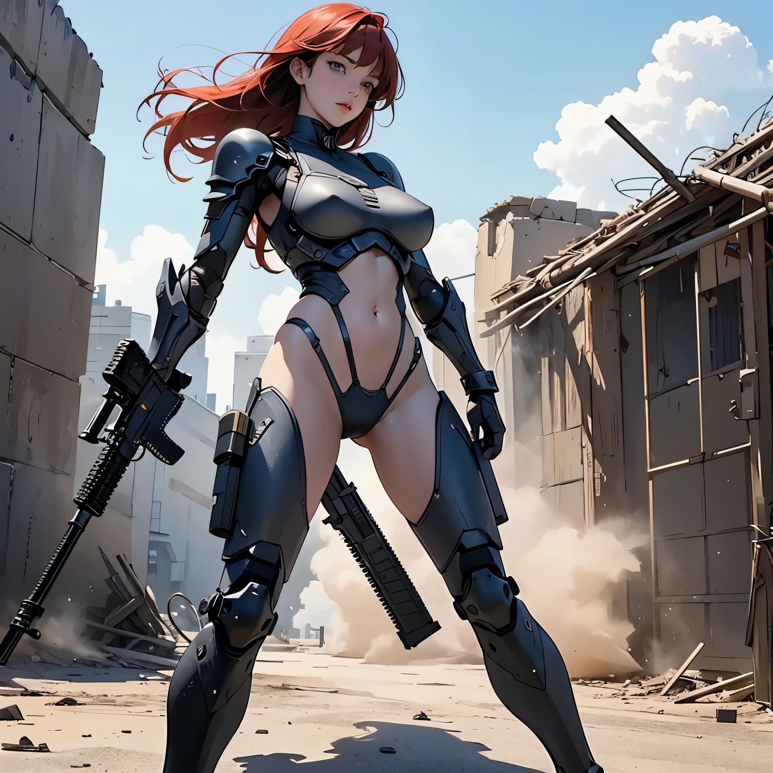 nsfw, anime screencap, 16K, perfect anatomy proportion body, perfect hands, action, A dynamic composition with a sense of speed and movement, (Hold an assault rifle:1.6), a wife, 40age, perfect beautiful delicate sexy face, perfect beautiful delicate slanted eyes, red hair, swept bangs pixie cut, medium breasts, abs, A heavy-armored robotic steam-powered full-armor power suit made of sophisticated steel., Many chainmail-clad, heavily armored robot soldiers engaged in a firefight in the background., Flying bullets, The battlefield of a ruined ancient city, war, Post-apocalyptic,