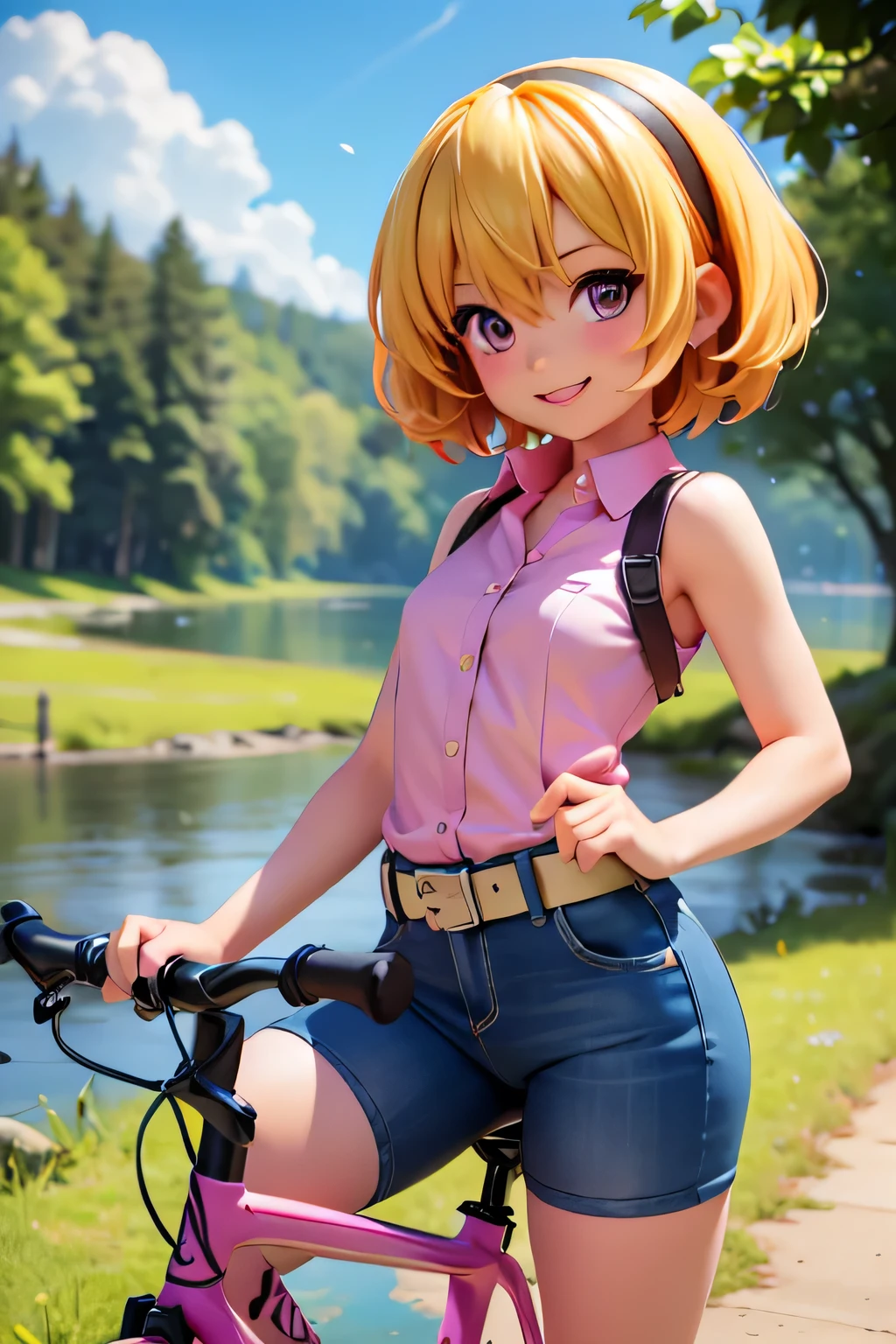 Cycling in nature, (ride a bicycle), (Houjou_Satoko), 1 female, alone, (Yellow Hair), blonde, Purple eyes, short hair, hair band, Small breasts, I'm , Collared shirt,Sleeveless shirt,Pink Shirt, White Belt, (Denim shorts), Attention to detail, Lush forest, Beautiful riverside, blue sky, Sunshine, Smiling Rider, whole body