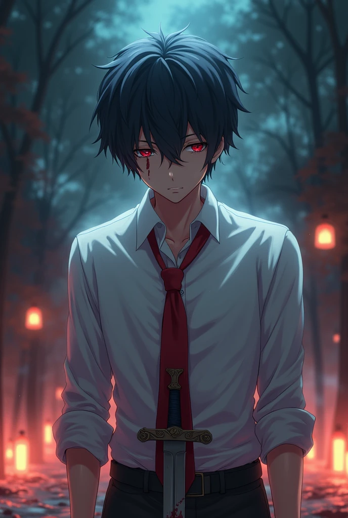 Male anime character wearing a white shirt with a red tie. Bowed with a pained expression on his face, with a sword stuck in his stomach. Facial expression crying in pain