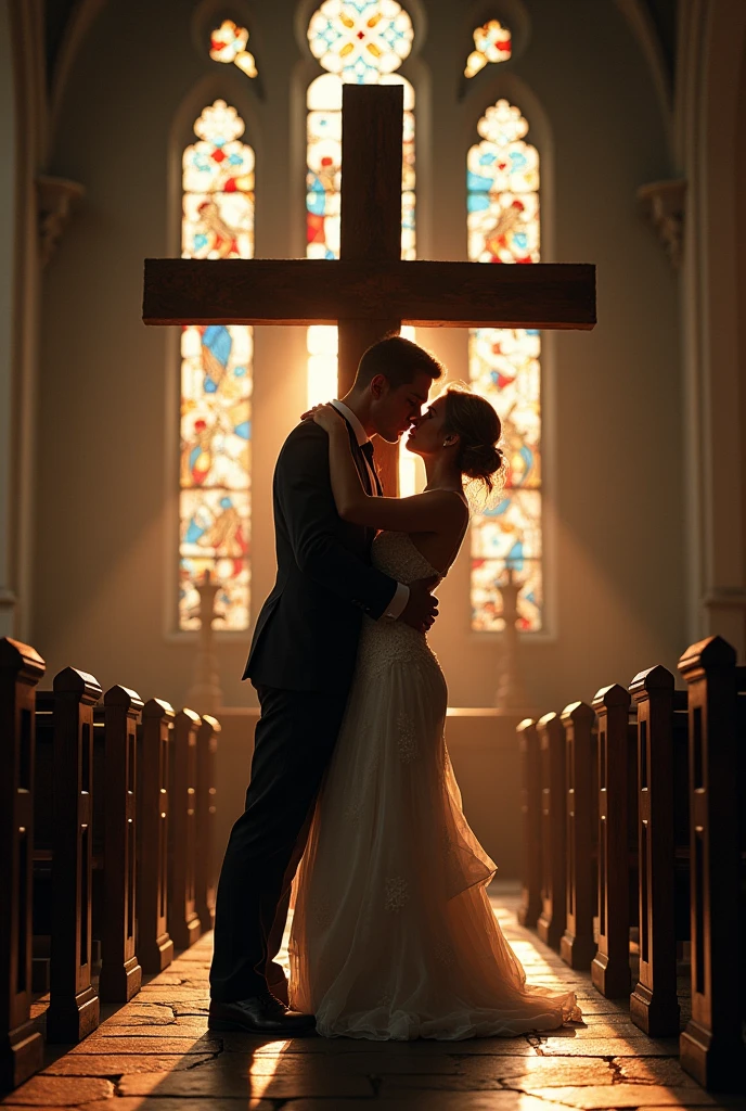 **Prompt:**
"Create a detailed, high-resolution image depicting a passionate, taboo encounter between two recently married siblings within the confines of a grand, old church. The brother, driven by an intense, forbidden love, pins his sister against a large, human-sized wooden cross, positioned prominently behind the altar. Ensure the following details are prominently featured:
1. **Setting**: The church should be dimly lit, with the only light sources being the soft, ethereal glow of the setting sun filtering through the stained glass windows, casting colorful, kaleidoscopic patterns on the stone floor and the couple's entwined bodies. The air should be thick with the scent of aged wood, incense, and the siblings' sweat.
2. **Characters**:
- **Brother**: He should be muscular, with a look of intense, almost primal desire etched onto his face. His wedding suit should be disheveled, his shirt unbuttoned, revealing his heaving chest. His hands should be gripping his sister's hips tightly, his fingers digging into her soft flesh as he thrusts into her with wild abandon.
- **Sister**: She should be , with a look of equal passion and desperation on her face. Her wedding dress should be pushed up around her waist, her lacy undergarments discarded on the cold stone floor. Her legs should be wrapped around her brother's waist, her heels digging into his backside, urging him on.
3. **The Cross**: The wooden cross should be intricately carved, its surface rough and weathered. It should be large enough that the brother can pin his sister against it, her back pressed against the vertical beam, her arms stretched out to the sides, mimicking the pose of the crucified Christ. The cross should be positioned in such a way that it appears to frame the couple, drawing the viewer's eye to their passionate embrace.
4. **Action**: The brother should be fucking his sister with a fierce, almost animalistic intensity, his hips slamming into hers with each thrust. His siste