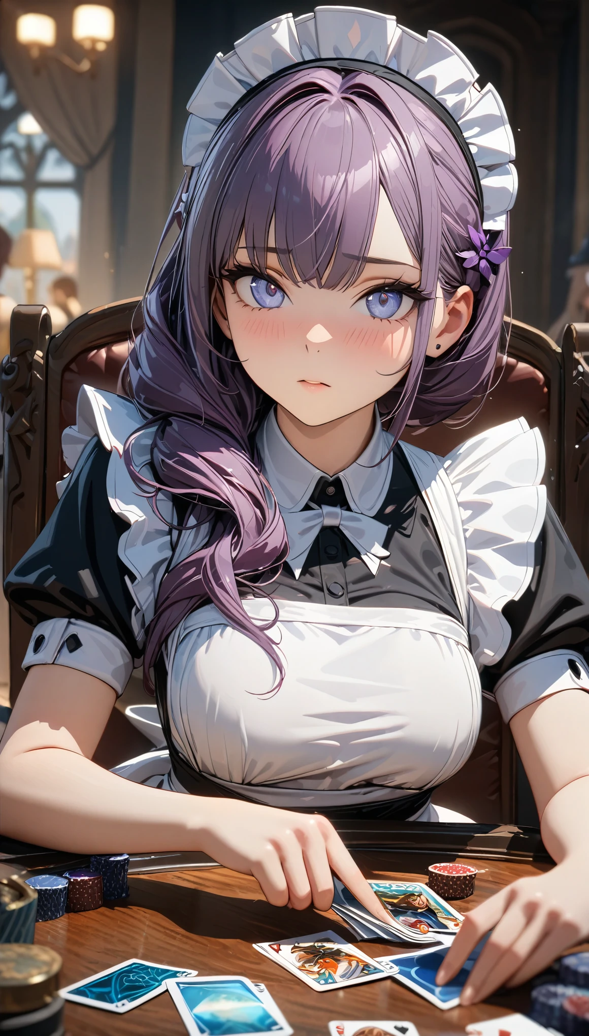 ((best quality)), ((masterpiece)), (detailed), perfect face, ((Best quality, 8k, Masterpiece: 1.3)), Sharp focus, Highly detailed face and skin texture, Detailed eyes, Maid apron, white brim, maid lady, purple hair, hair over shoulder, playing Trading Card Game, playing Magic: The Gathering, (Magic: The Gathering)