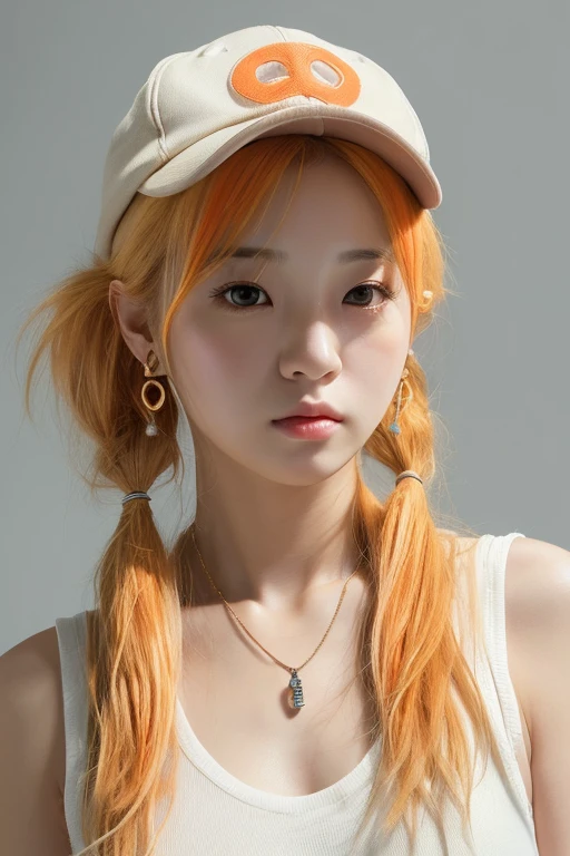 (((masterpeace))), ((photo realistic:1.55)),Japanese girl,((young girl)),no makeup, ((broad jawline)),realistic skin,puffy face, fused with a skeleton, Very pale, light orange hair, (messy hair:1.5),pig tails hair with cap, earrings, necklace, wide view