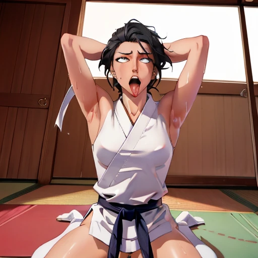 ((((masterpiece, best quality, high resolution)))), Extremely detailed 8K, 1 female, wearing a white Karate gi, (ahegao),white eyes, Small ,full body, kneeling, tired, (muscle:1.4), japanese clothes, No underwear,No eyeballs, Facing the audience, looking at the audience, tired, from below, (Exposed armpit:1.1), ((armpit:1.2)), sexy, Sting, More and more sweat,(ahegao), (Roll your eyes), open mouth, Sticking out tongue, saliva, Slobber,Skinny, raise arms, (arms above head:1.5)(Ultra HD, Ultra-detailed, Highly detailed, Highly realistic, Ultra-realistic, photograph realistic), (1girl:1.5), (Realistic black hair), (dynamic poses), facing at camera, looking at viewer, (slightly serious face), (perky breasts:1.autiful detailed face, beautiful detailed eyes), ((worn out karate gi)), (preparing for a fight), sweat, glow, (sunbeam, sunlight), ((cowboy shot)), inside a training gym, seductive, EnvyBetterHands LoCon,